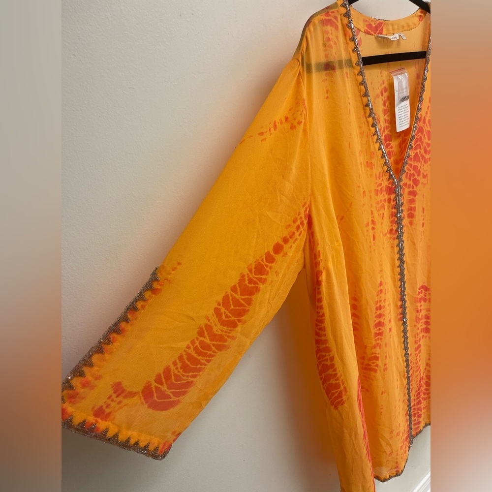 Soft Surroundings Kaftan Dress Large Sequined Beaded Orange Tie Dye Cover-Up 3XL - Picture 4 of 10